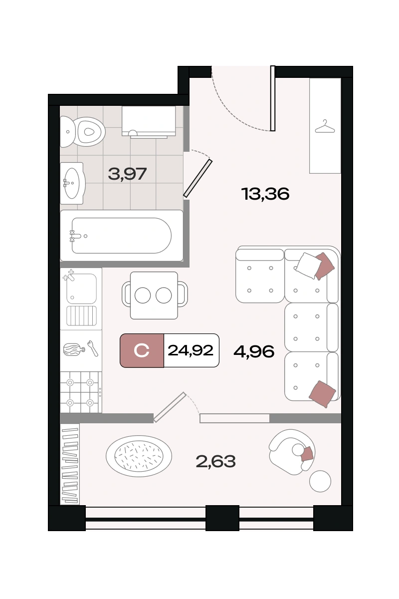 Планировка: Студия, 24,92 м², Схема ЖК · корпус уточняется