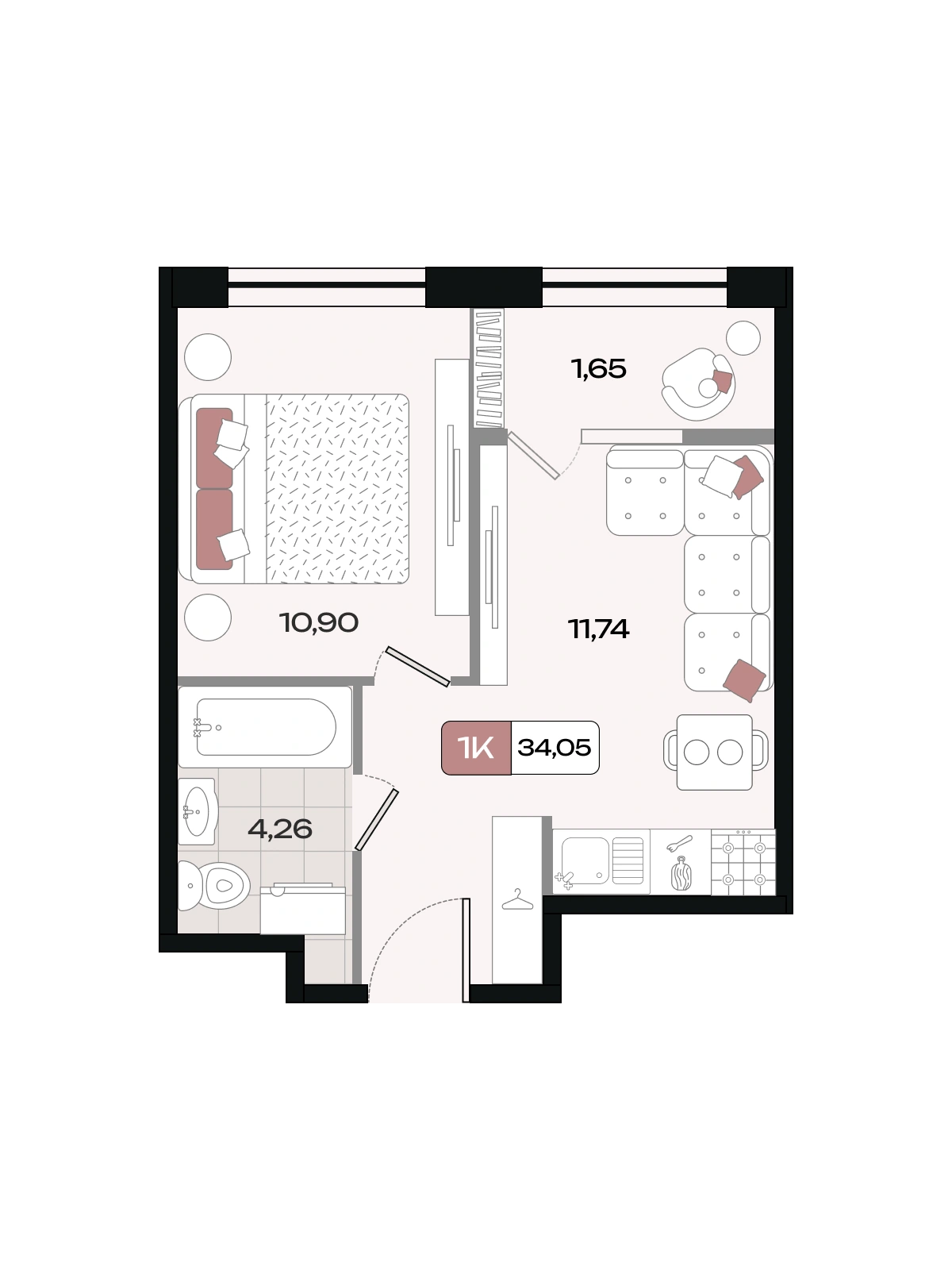 Планировка: Однокомнатная квартира, 34,05 м², Схема ЖК · корпус уточняется