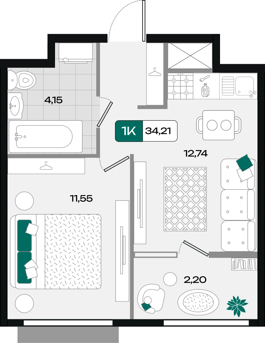 Планировка: Однокомнатная квартира, 34,21 м², Схема ЖК · корпус уточняется
