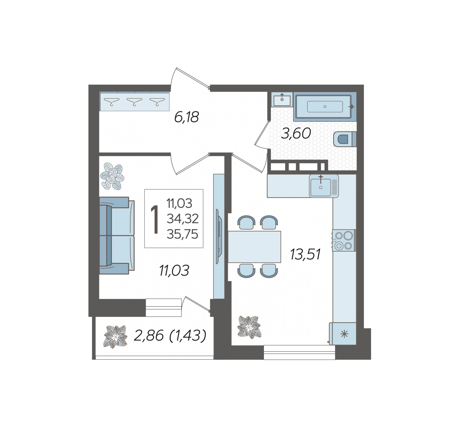 Планировка: Однокомнатная квартира, 35,75 м², Схема ЖК · корпус уточняется