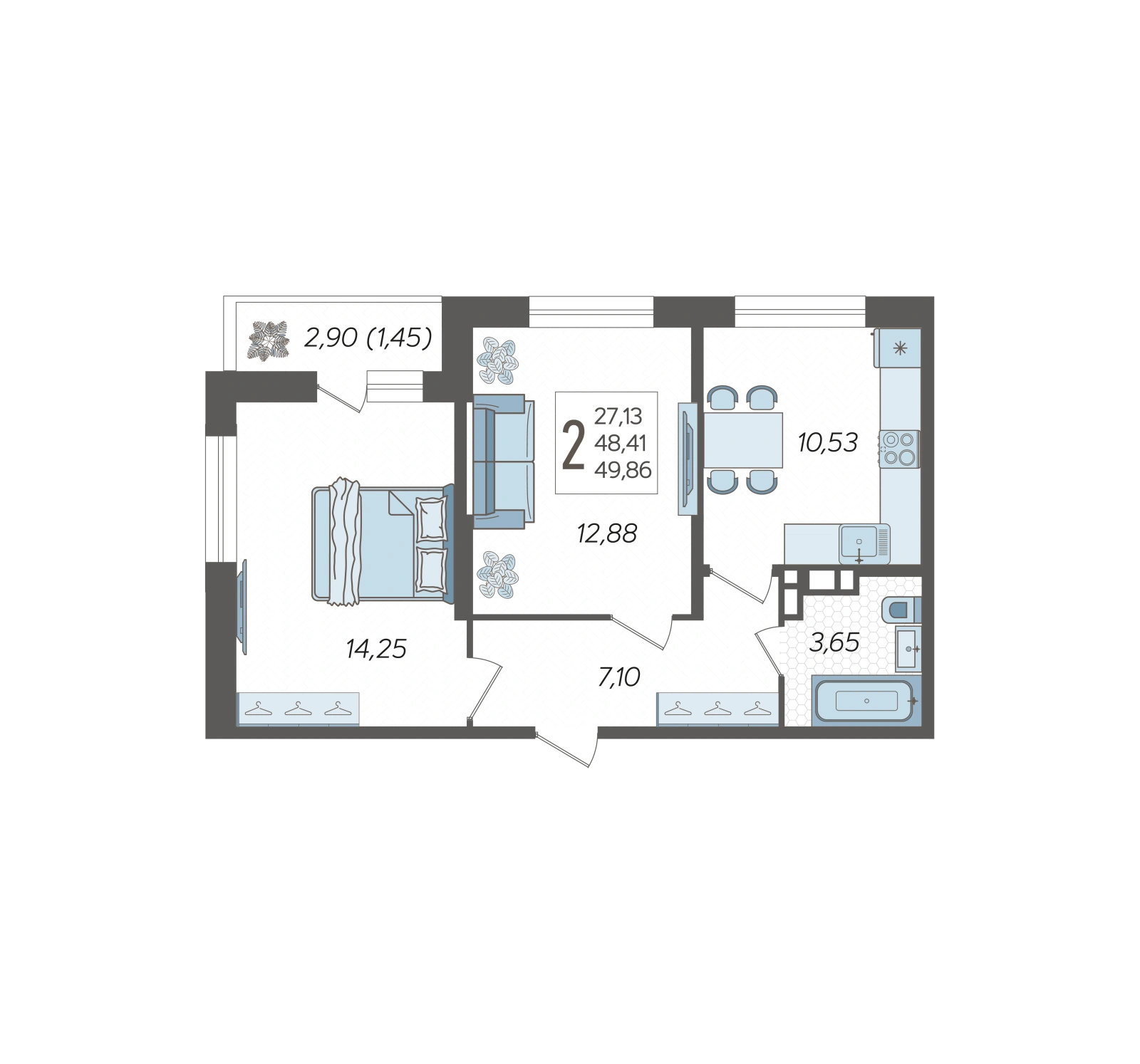 Планировка: Двухкомнатная квартира, 49,86 м², Схема ЖК · корпус уточняется
