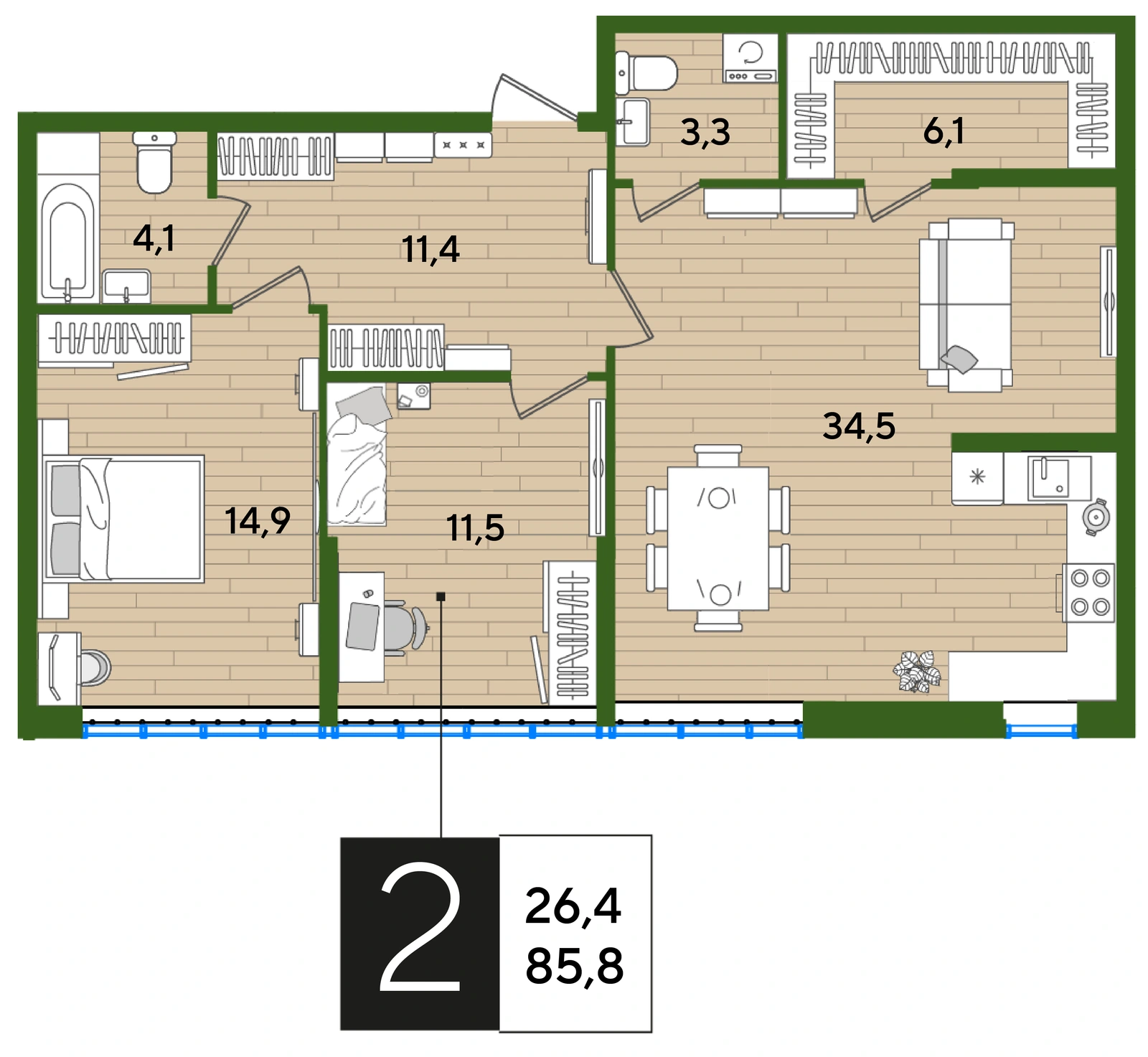Планировка: 2-комнатная квартира, 85,8 м², Корпус 9