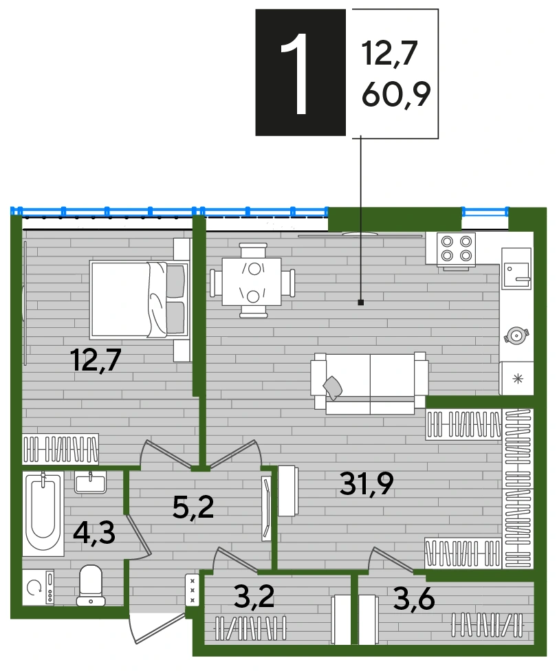Планировка: 1-комнатная квартира, 60,9 м², Корпус 11