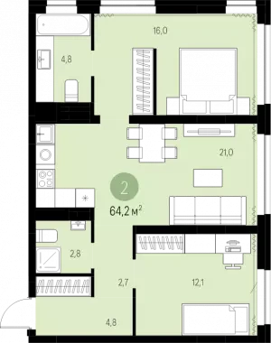 Планировка: Двухкомнатная квартира, 64,2 м², Схема ЖК · корпус уточняется
