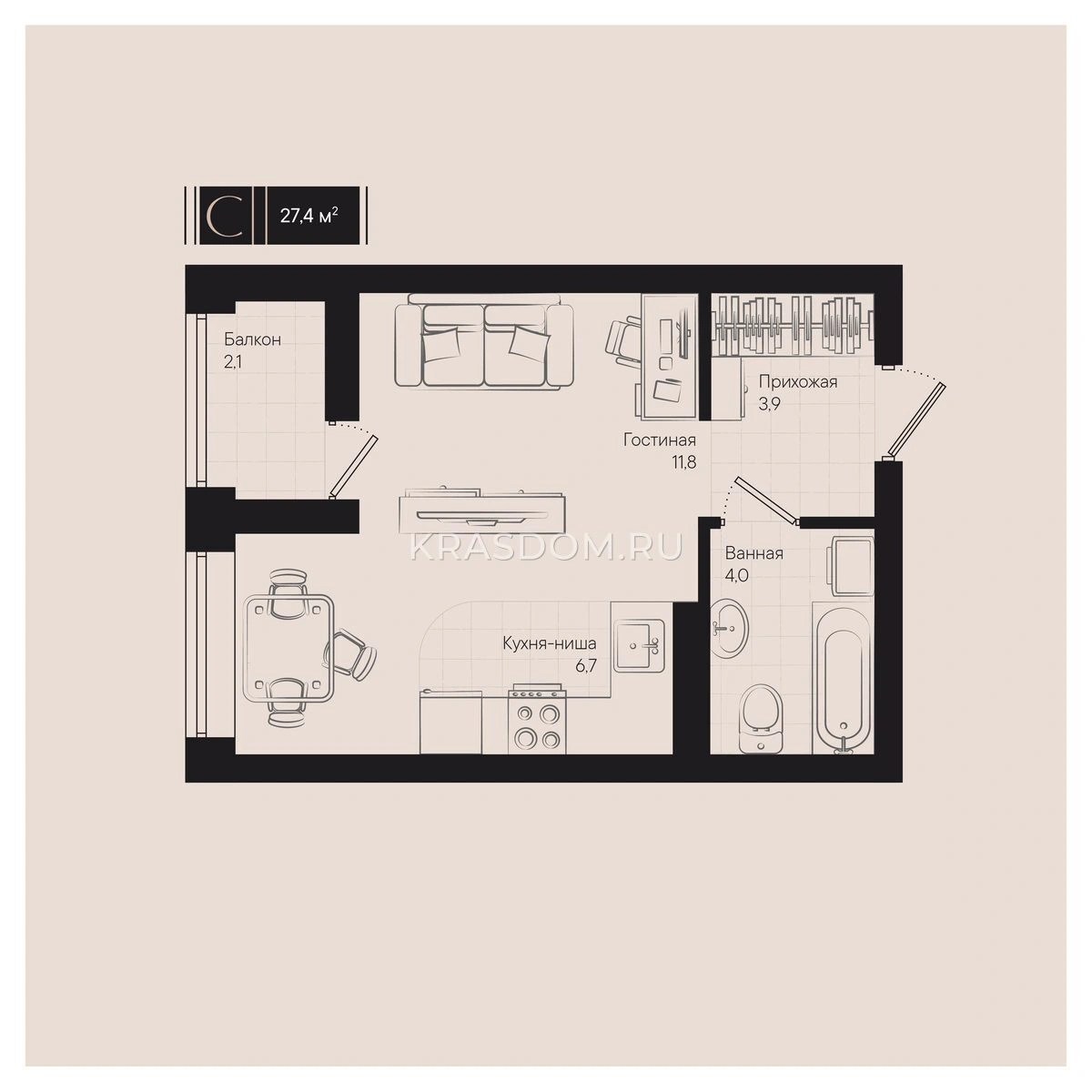 Планировка: Студия, 27,4 м², Дом «Малевич», корпус 1.1