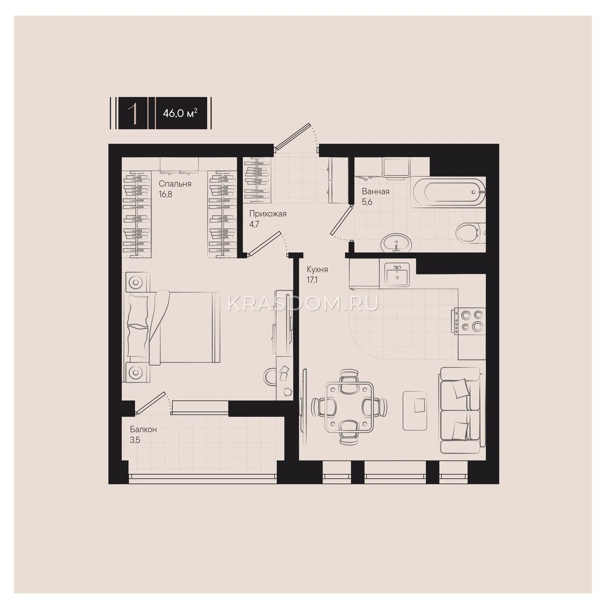 Планировка: Однокомнатная квартира, 46 м², Дом «Малевич», корпус 1.1