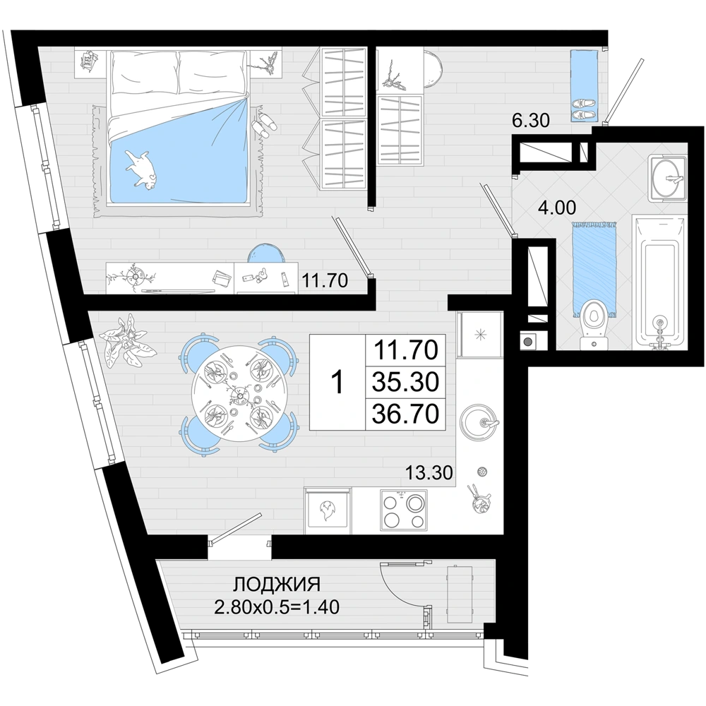Планировка: 1-комнатная квартира, 36,7 м², Литер 23