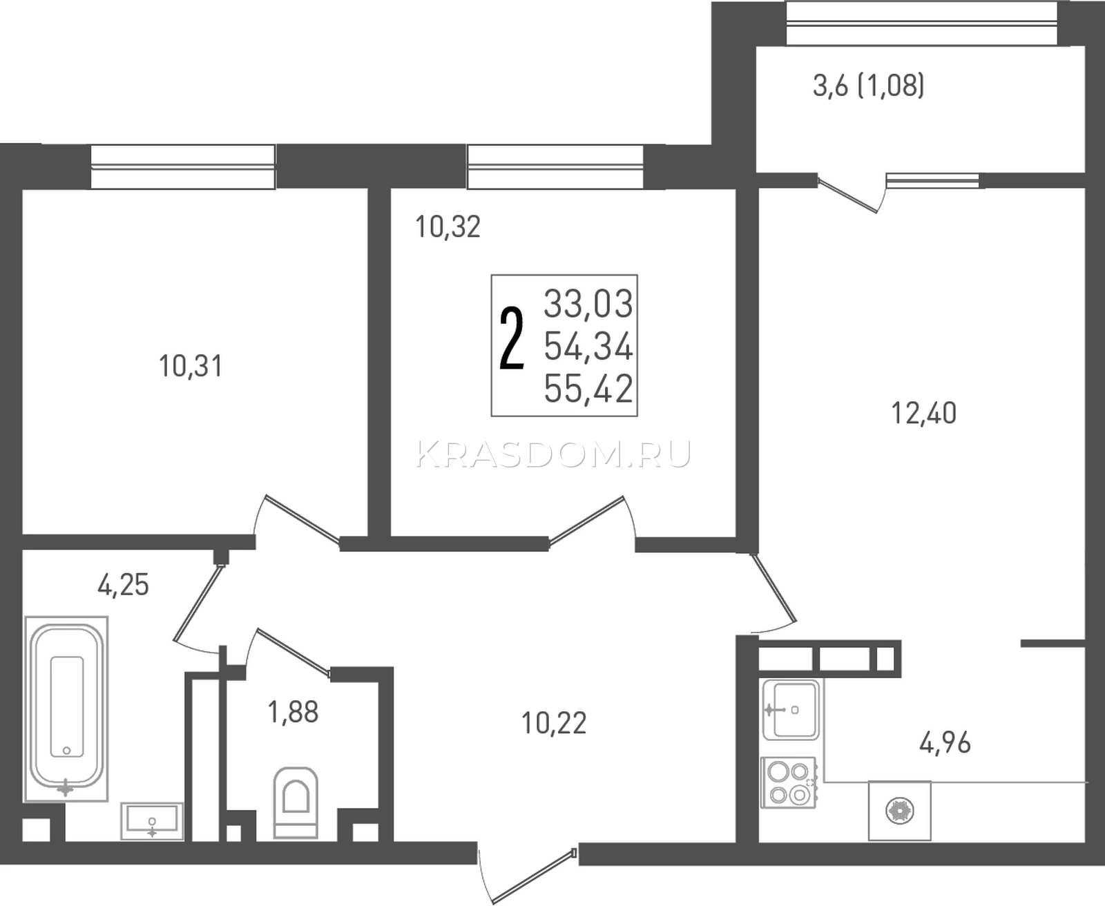 Планировка: 2-комнатная квартира, 55,42 м², литера 2