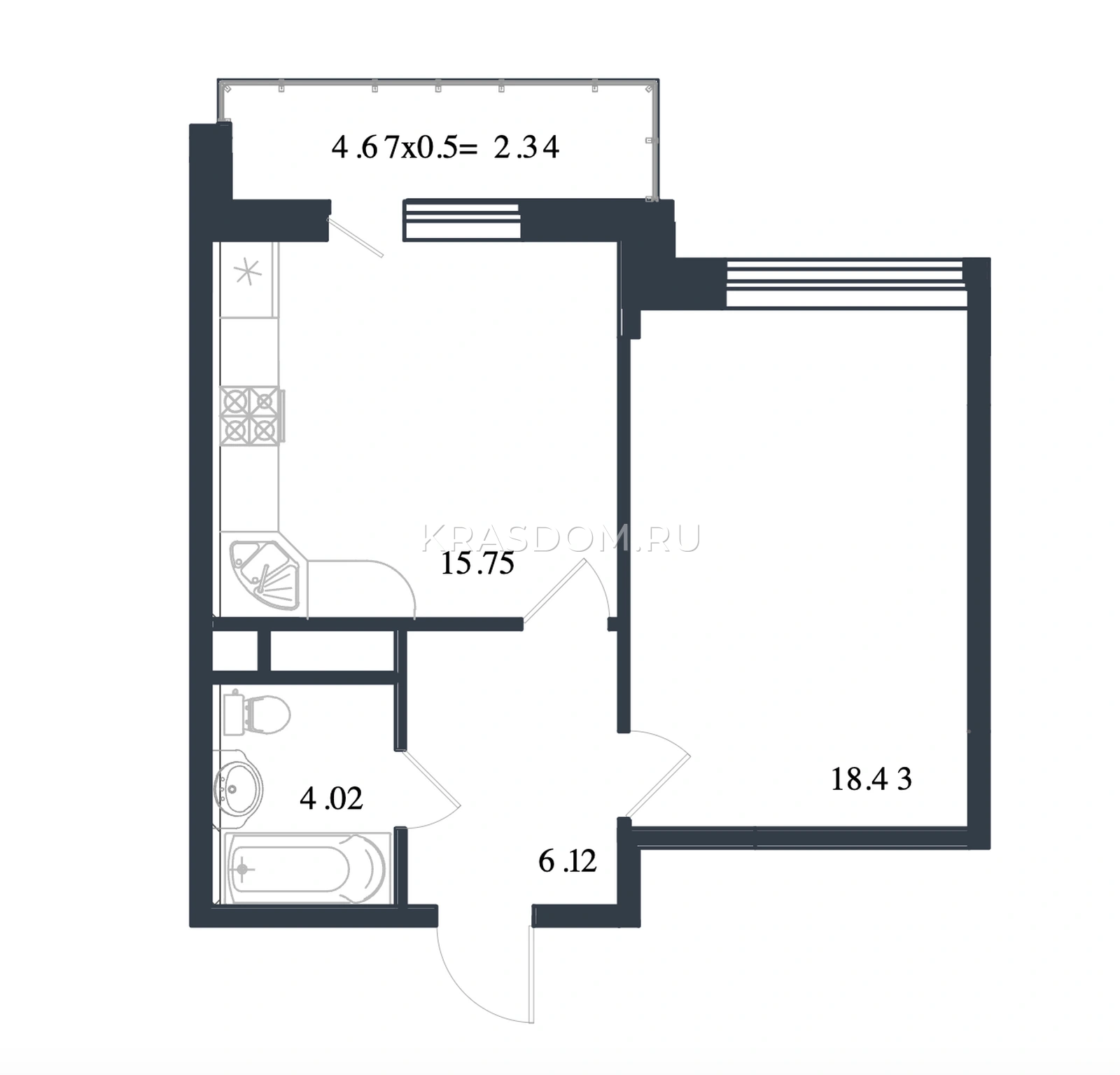 Планировка: 1-комнатная квартира, 46,66 м², Корпус указан в источнике