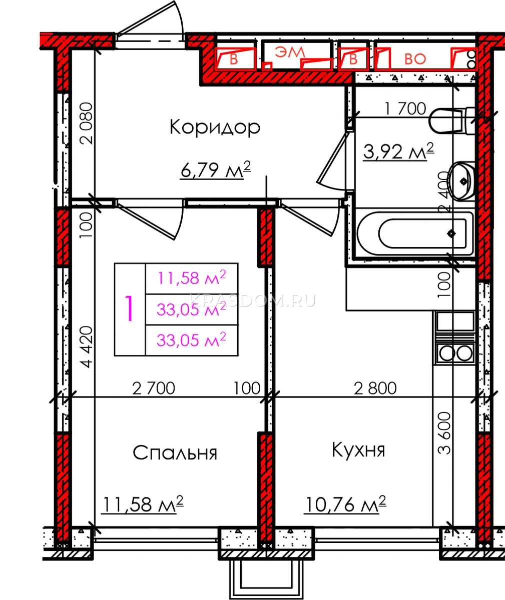 Планировка: 1-комнатная квартира, 33,05 м², литера 1.3