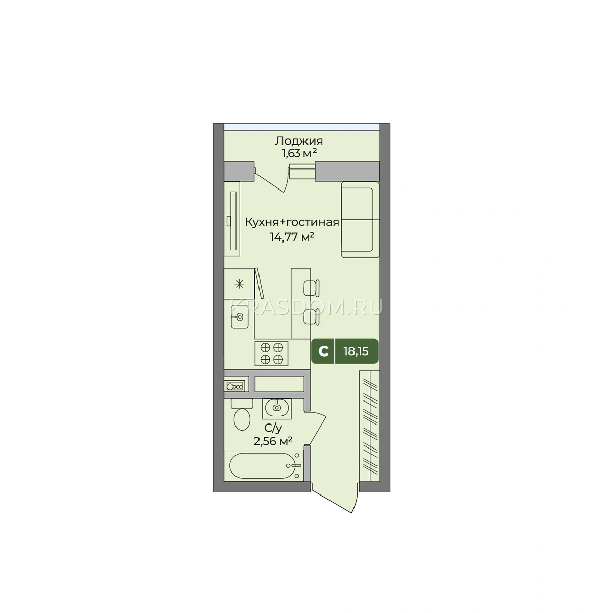 Планировка: Студия, 18,15 м², литер 1