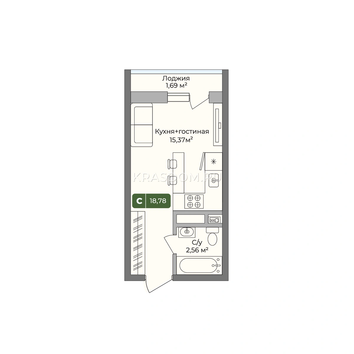 Планировка: Студия, 18,78 м², литер 1