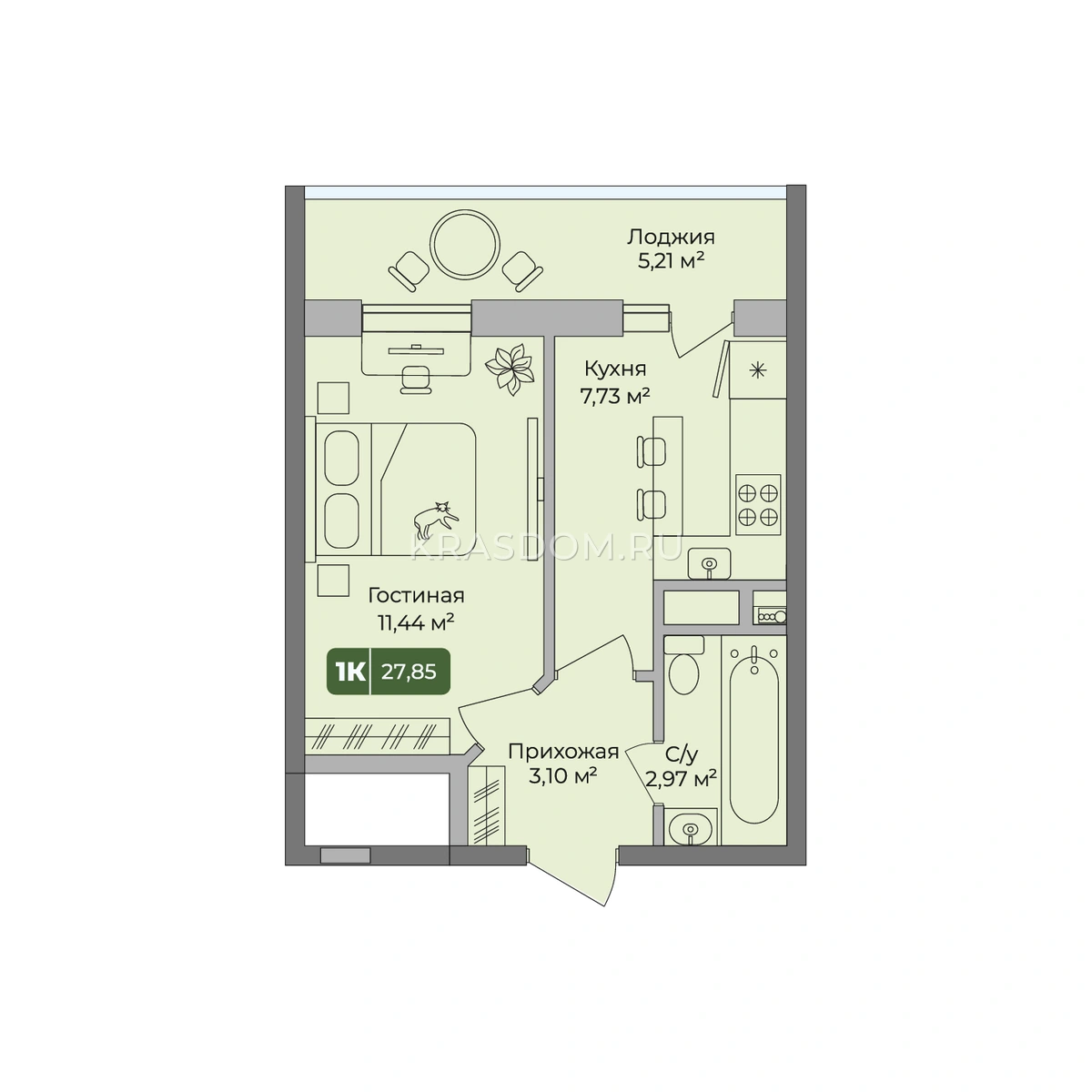 Планировка: 1-комнатная квартира, 27,85 м², литер 1