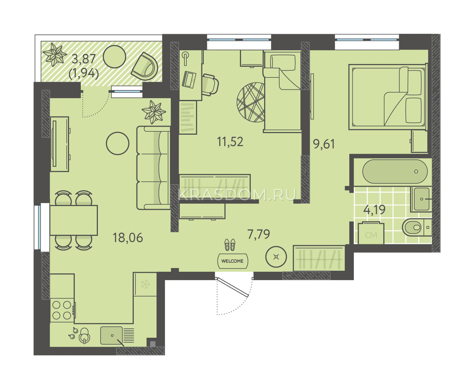 Планировка: 2-комнатная квартира, 53,11 м², литер 9
