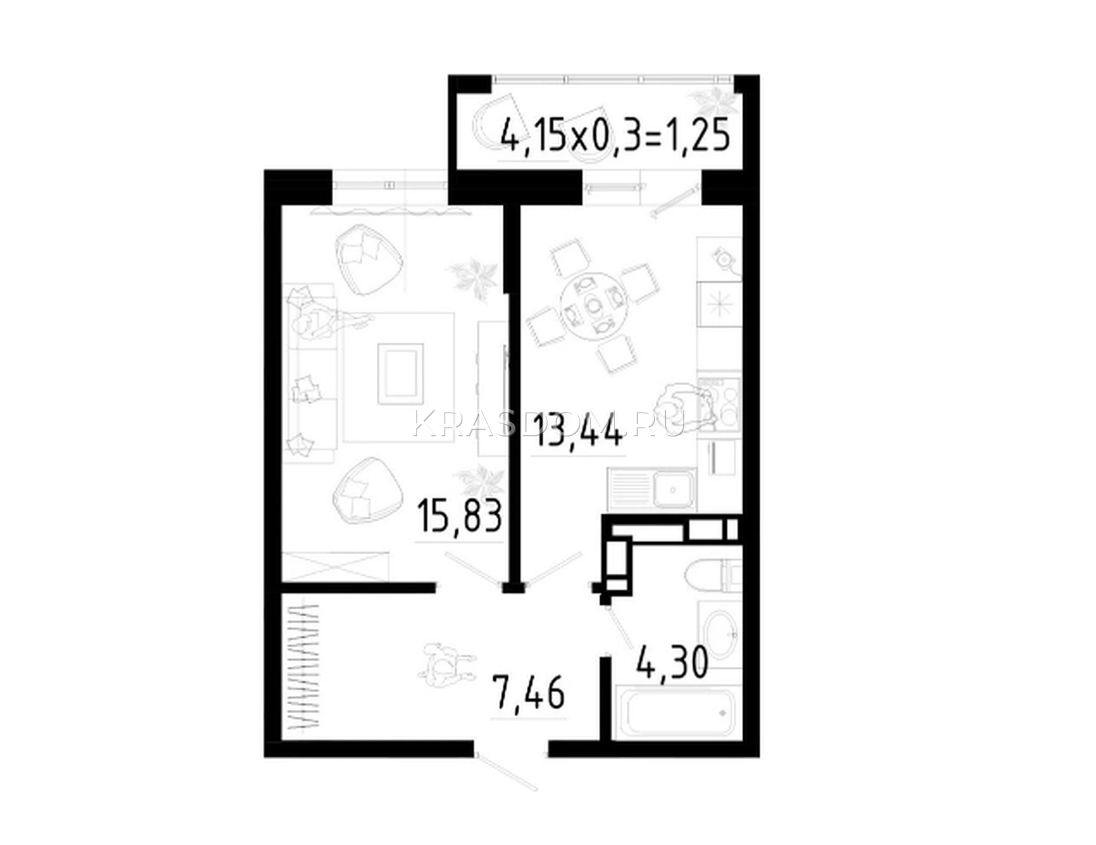 Планировка: 1-комнатная квартира, 42,28 м², литера 1