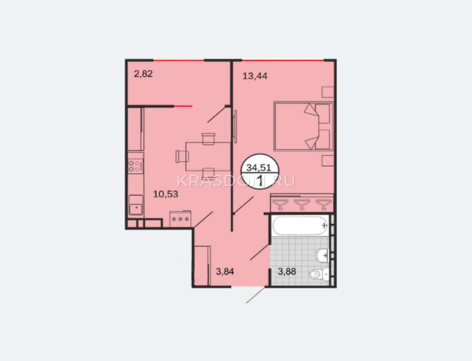 Планировка: 1-комнатная квартира, 34,51 м², литера Г