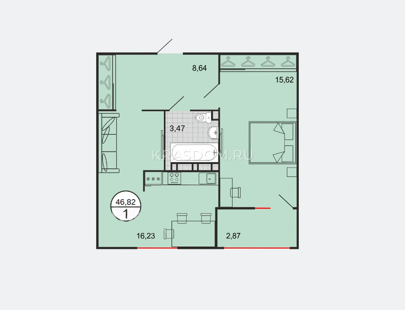 Планировка: 1-комнатная квартира, 46,82 м², литера Г