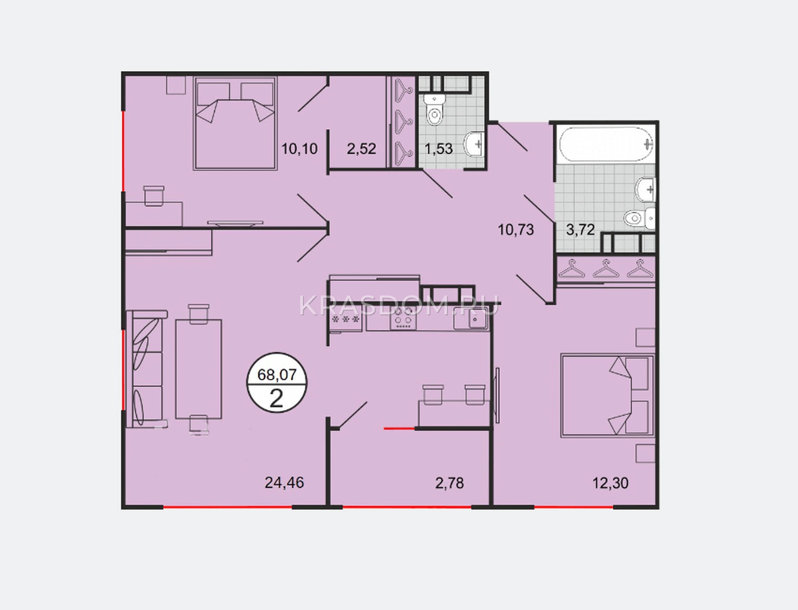 Планировка: 2-комнатная квартира, 68,07 м², литера Г