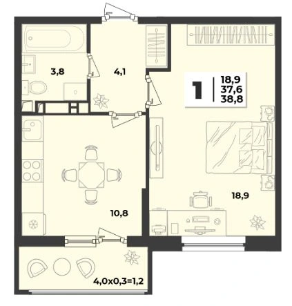 Планировка: Однокомнатная квартира, 38,8 м², Литер 2.2