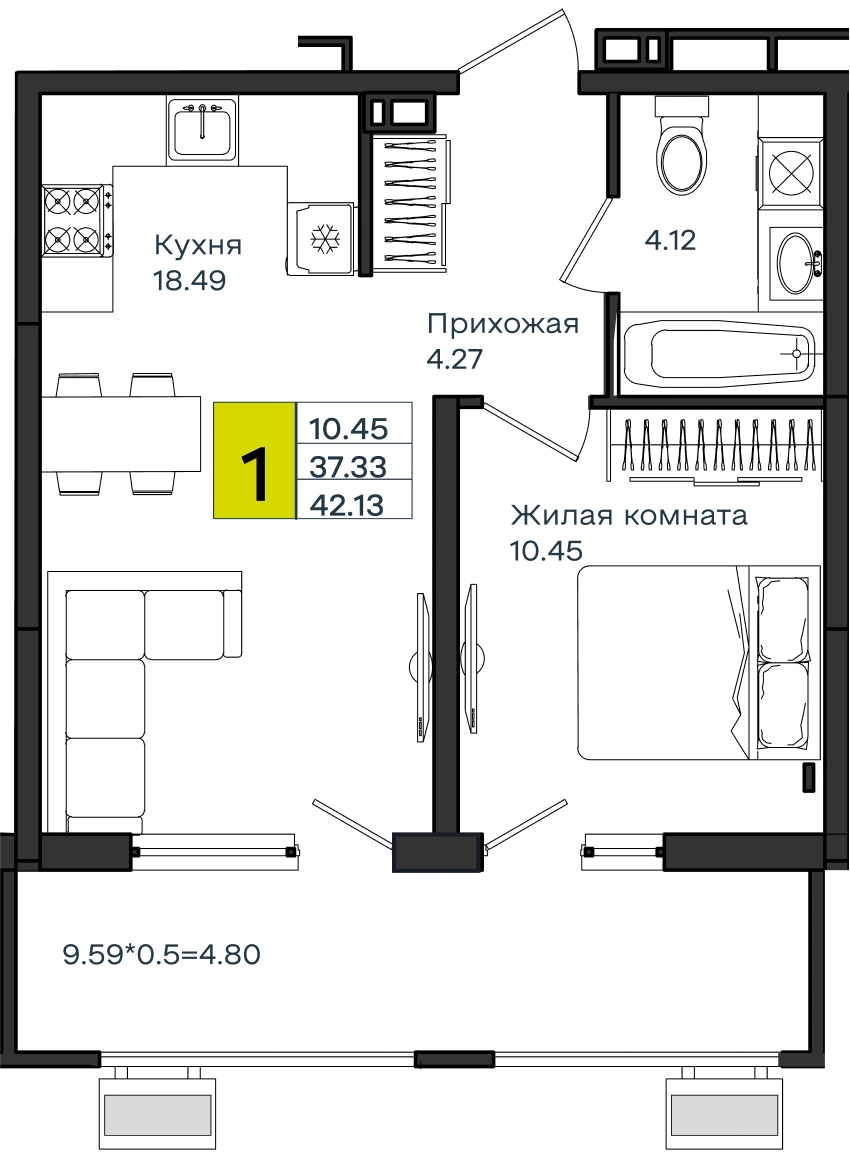 Планировка: Однокомнатная квартира, 42,13 м², Схема ЖК · корпус уточняется