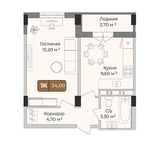 Планировка: 1-комнатная квартира, 34 м², Схема ЖК · корпус уточняется