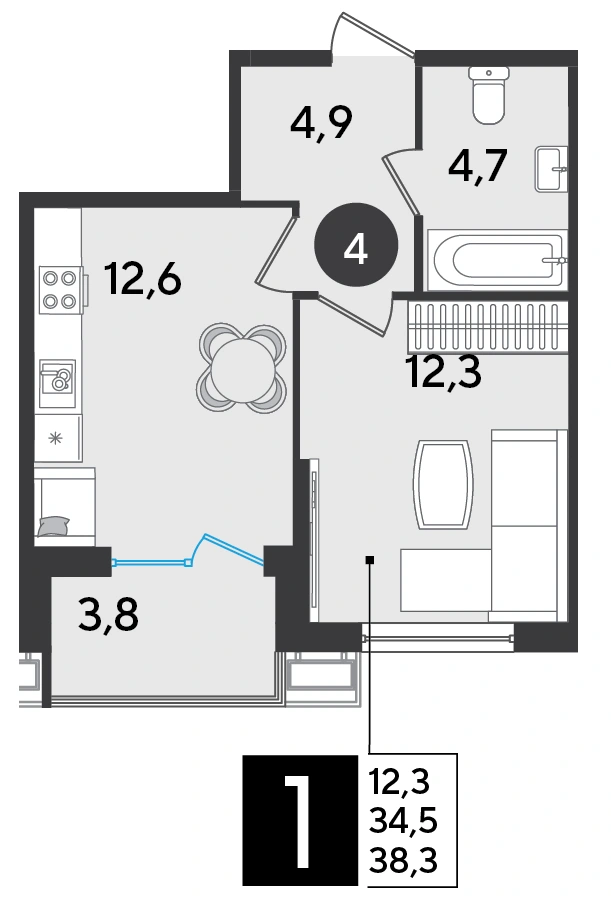 Планировка: 1-комнатная квартира, 38,3 м², Корпус 34