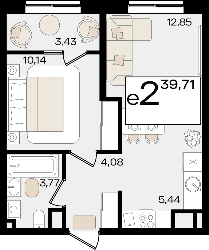 Планировка: Евро 2-комнатная, 39,71 м², 1.1 Литер