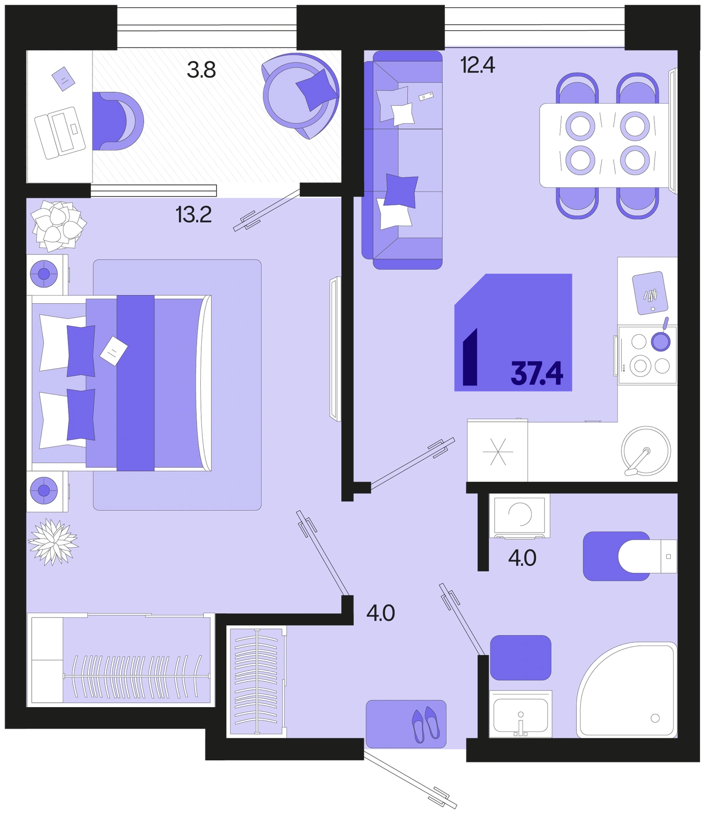 Планировка: 1-комнатная квартира, 37,4 м², Квартал 1.1 Литер 2