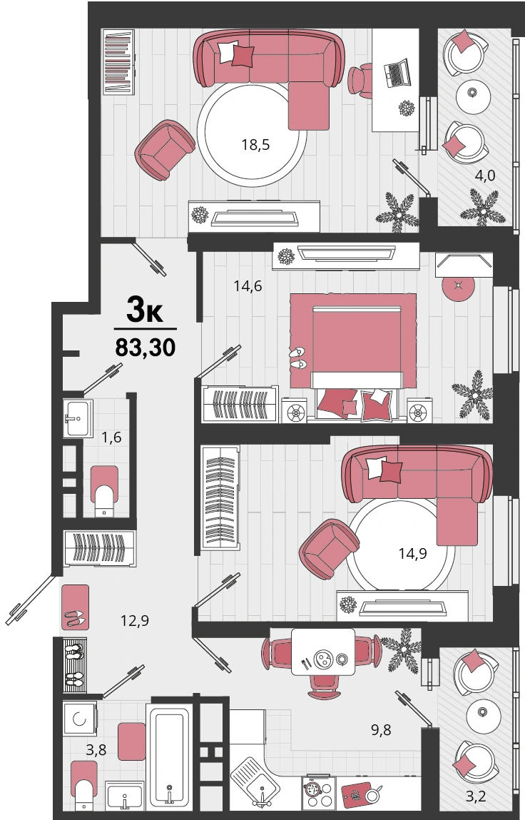 Планировка: 3-комнатная квартира, 83,3 м², Литер 12