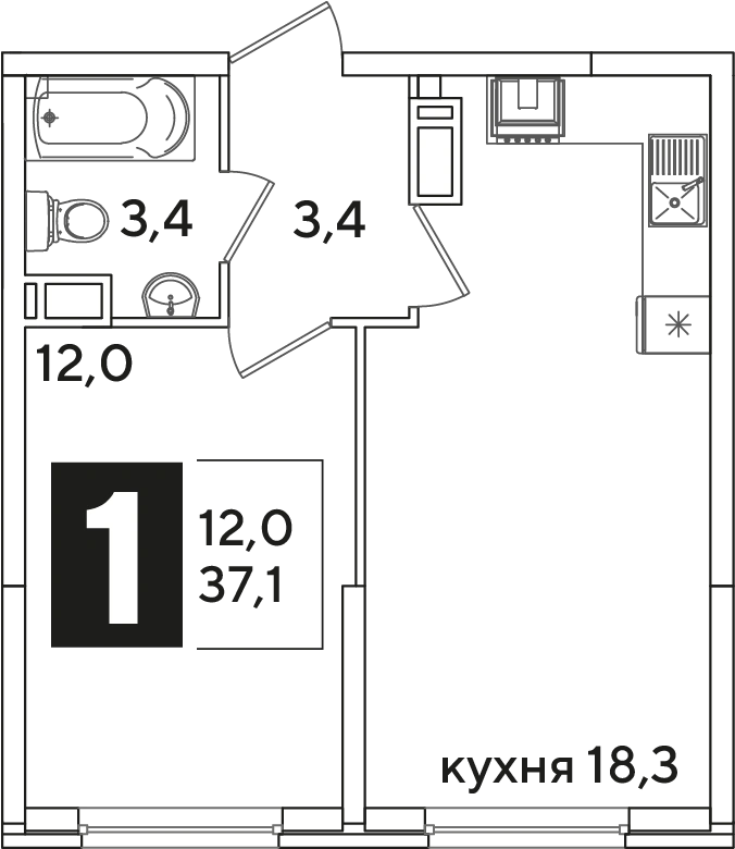 Планировка: 1-комнатная квартира, 37,1 м², Корпус 57